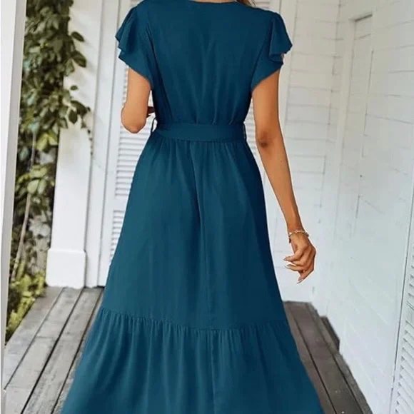 NWT PrettyGarden XXL flowy &flattering blue dress Wrap Vneck ruffle sleeve - Picture 3 of 10